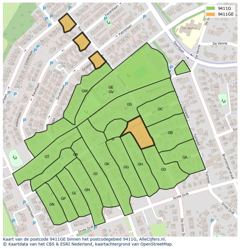Afbeelding van het postcodegebied 9411 GE op de kaart.