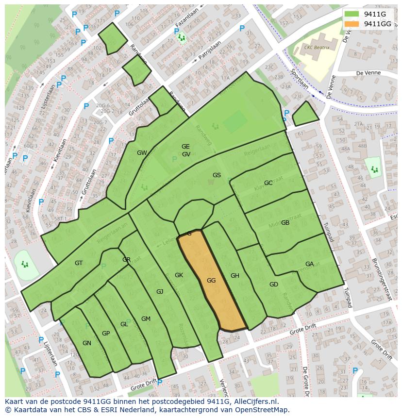 Afbeelding van het postcodegebied 9411 GG op de kaart.