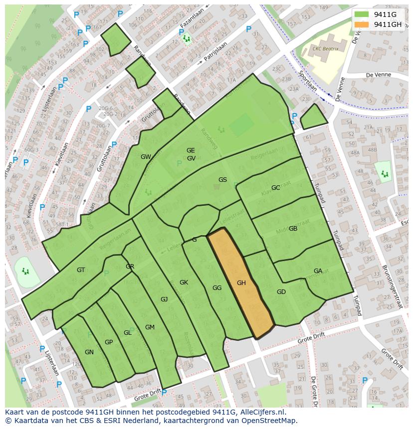 Afbeelding van het postcodegebied 9411 GH op de kaart.