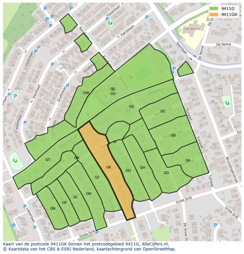 Afbeelding van het postcodegebied 9411 GK op de kaart.