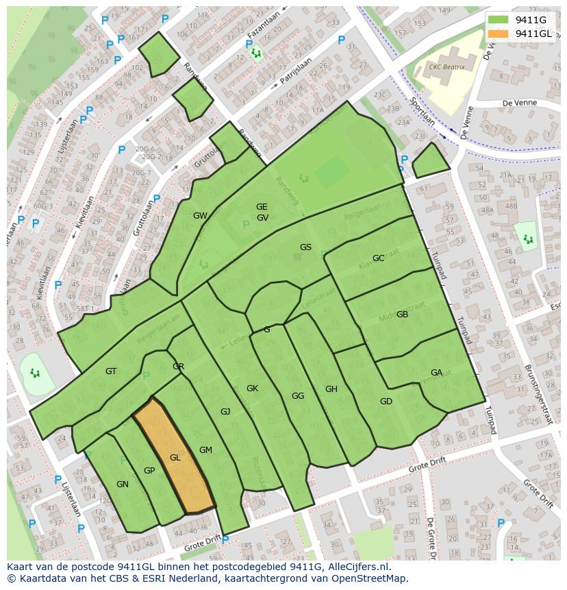 Afbeelding van het postcodegebied 9411 GL op de kaart.