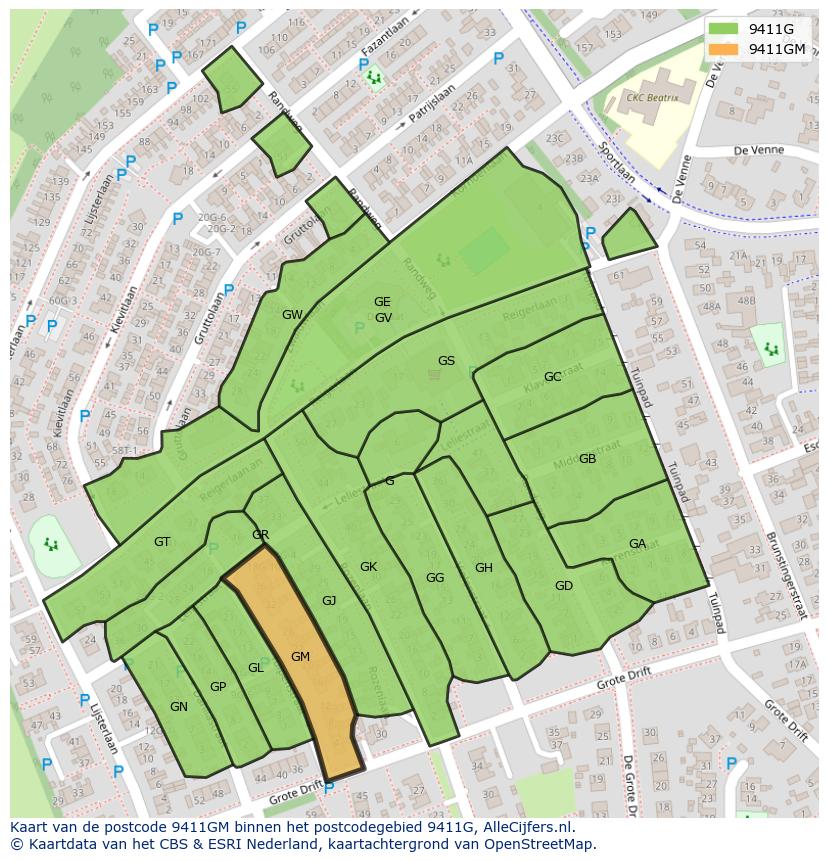 Afbeelding van het postcodegebied 9411 GM op de kaart.