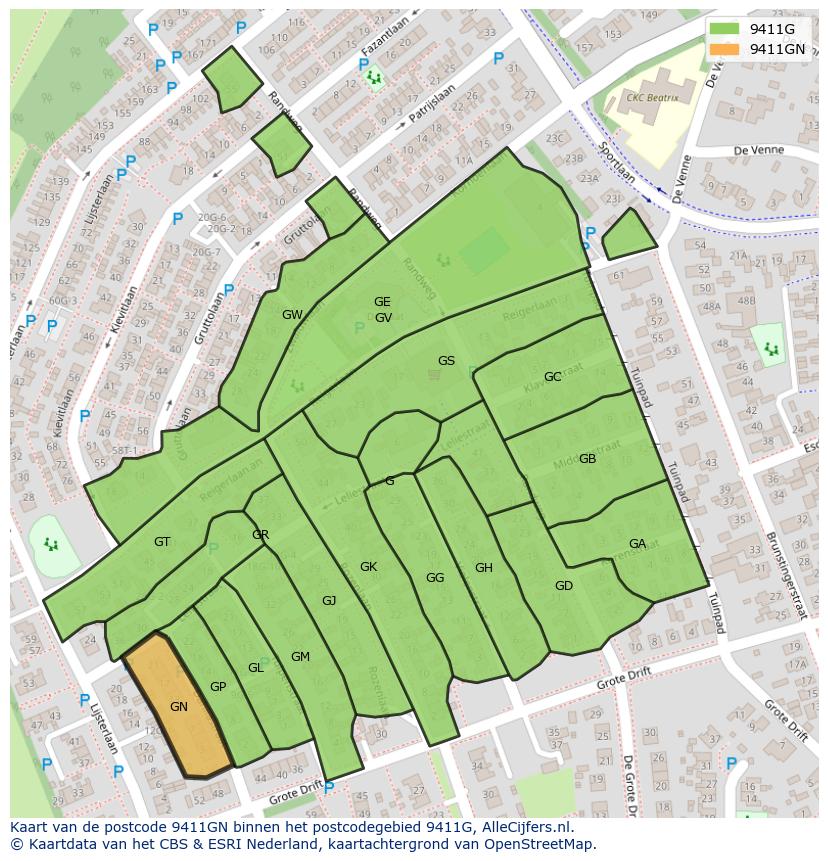 Afbeelding van het postcodegebied 9411 GN op de kaart.