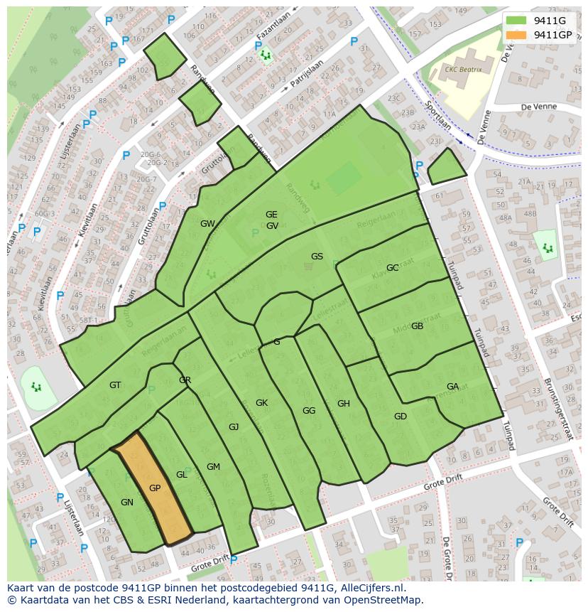 Afbeelding van het postcodegebied 9411 GP op de kaart.