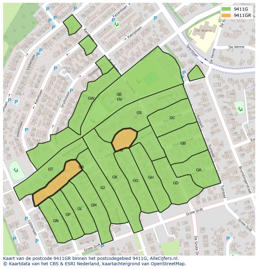 Afbeelding van het postcodegebied 9411 GR op de kaart.