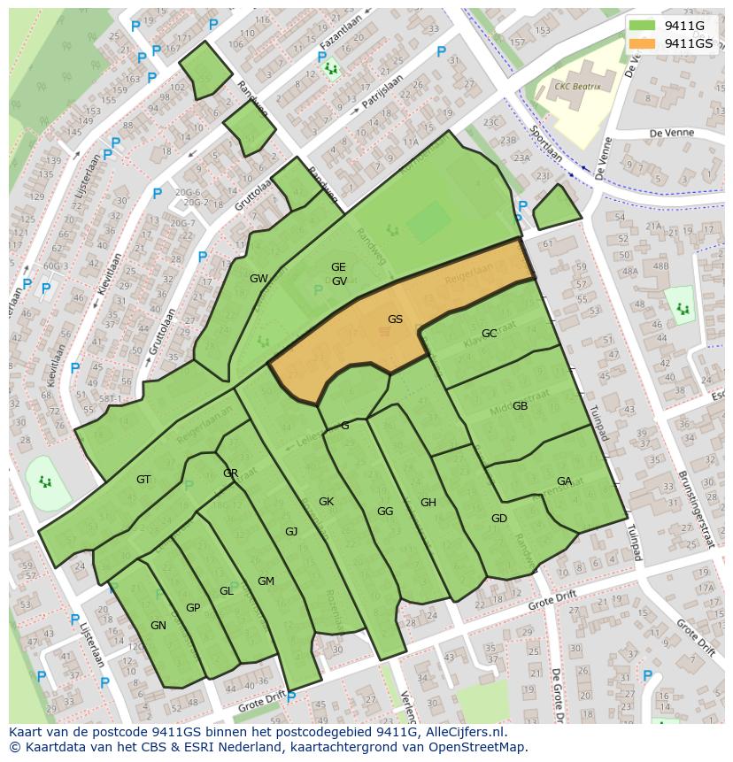 Afbeelding van het postcodegebied 9411 GS op de kaart.