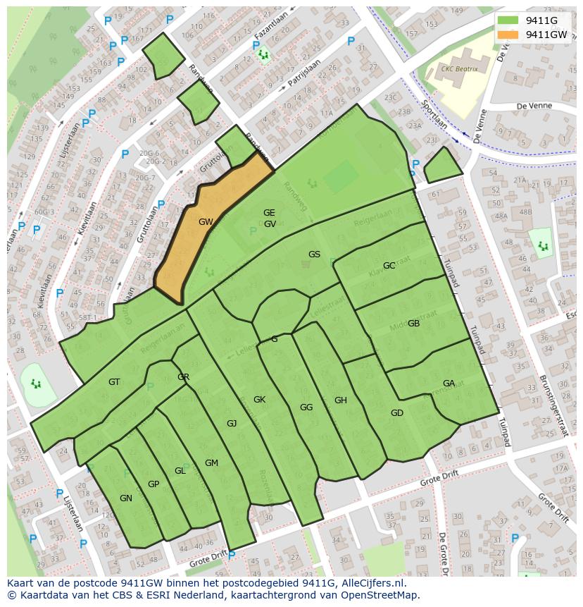 Afbeelding van het postcodegebied 9411 GW op de kaart.