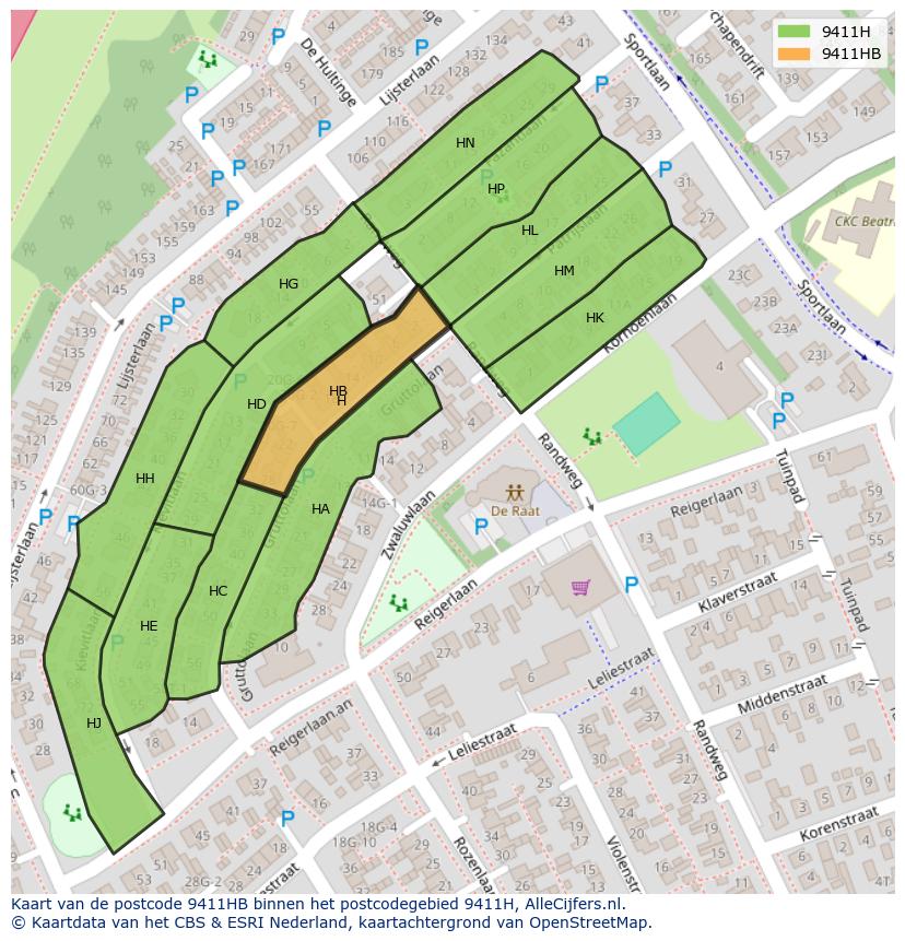 Afbeelding van het postcodegebied 9411 HB op de kaart.