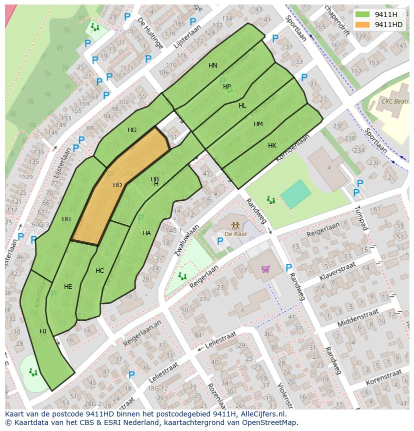 Afbeelding van het postcodegebied 9411 HD op de kaart.
