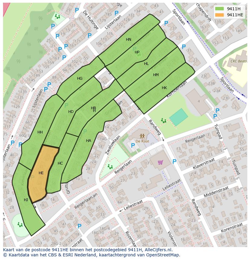 Afbeelding van het postcodegebied 9411 HE op de kaart.