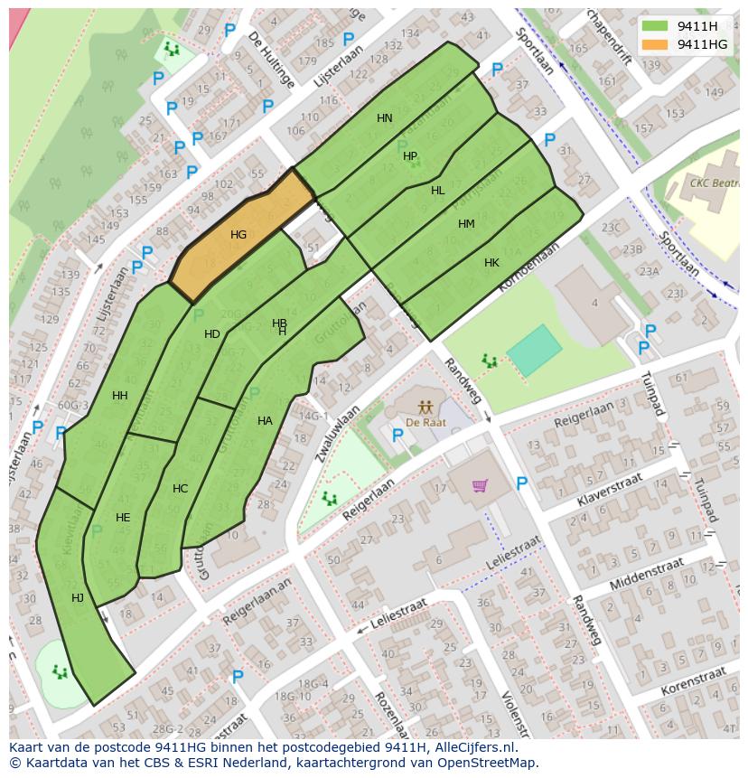 Afbeelding van het postcodegebied 9411 HG op de kaart.