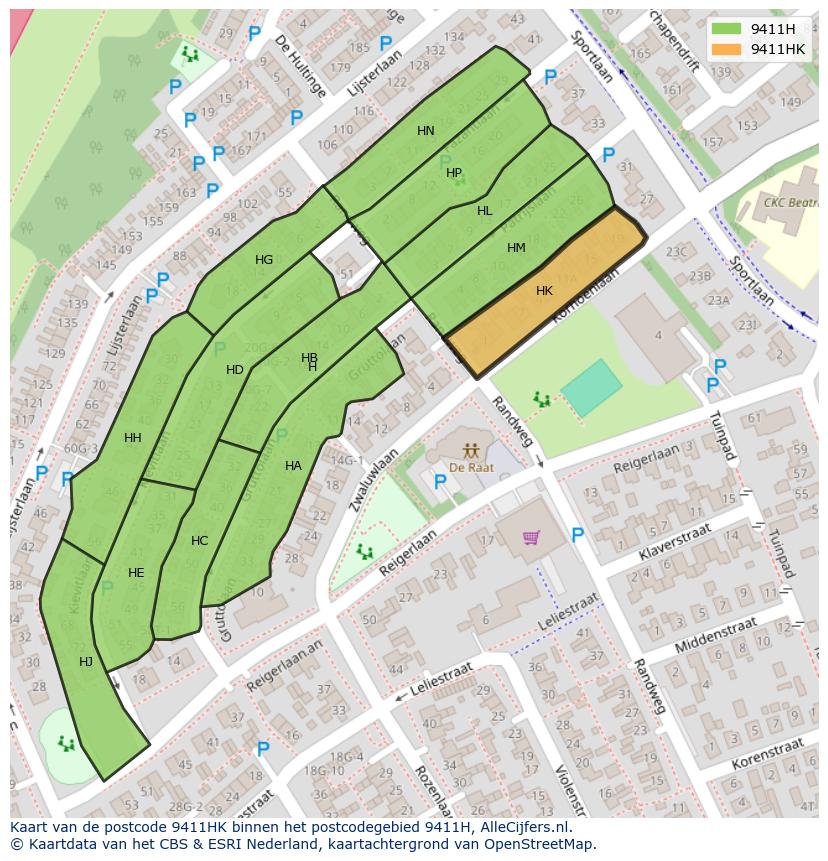 Afbeelding van het postcodegebied 9411 HK op de kaart.