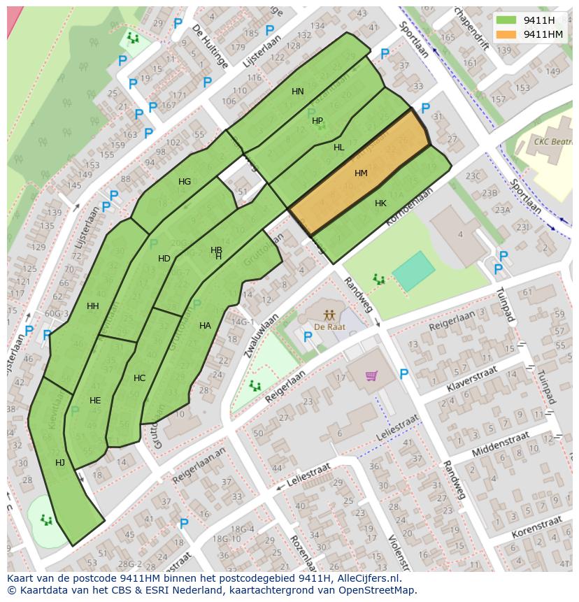 Afbeelding van het postcodegebied 9411 HM op de kaart.