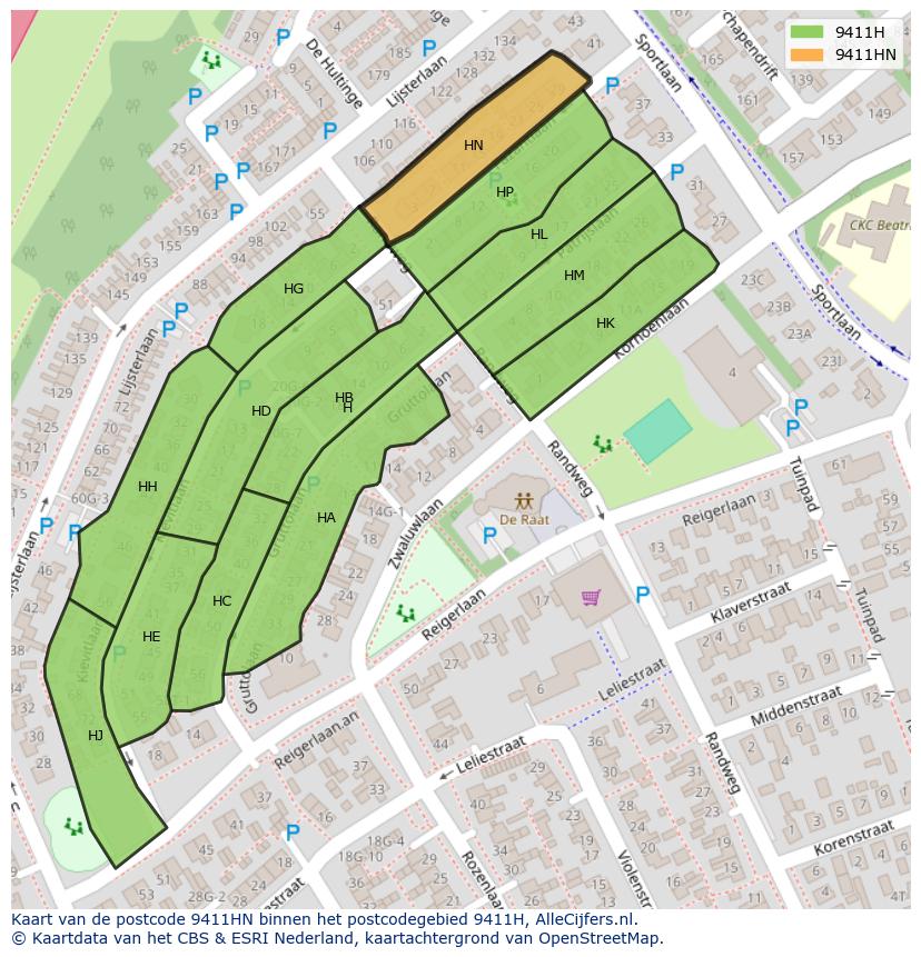 Afbeelding van het postcodegebied 9411 HN op de kaart.