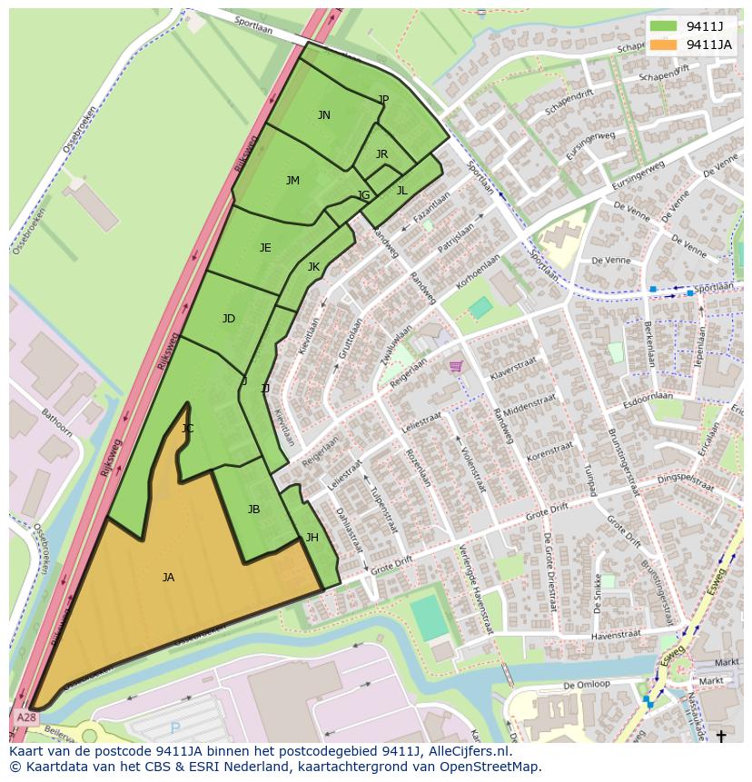 Afbeelding van het postcodegebied 9411 JA op de kaart.