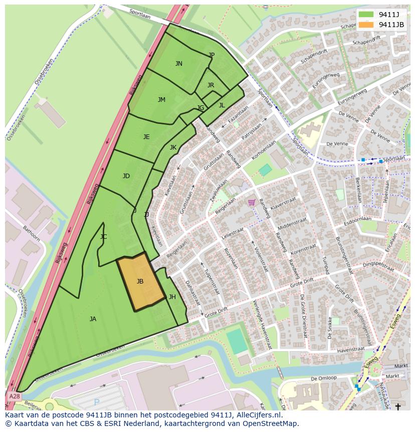 Afbeelding van het postcodegebied 9411 JB op de kaart.