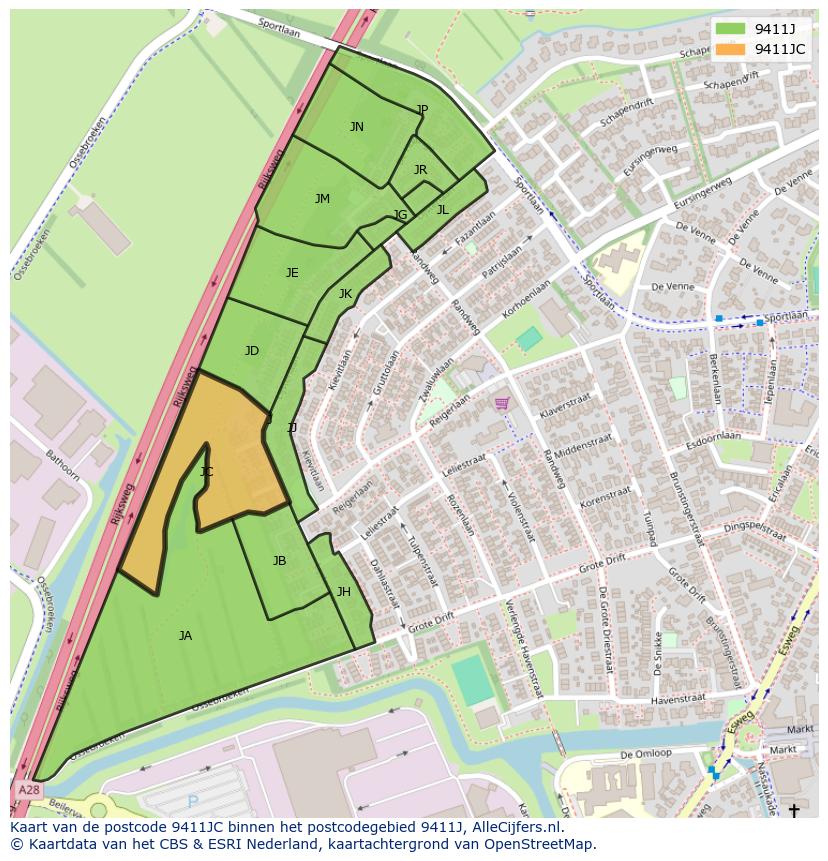Afbeelding van het postcodegebied 9411 JC op de kaart.