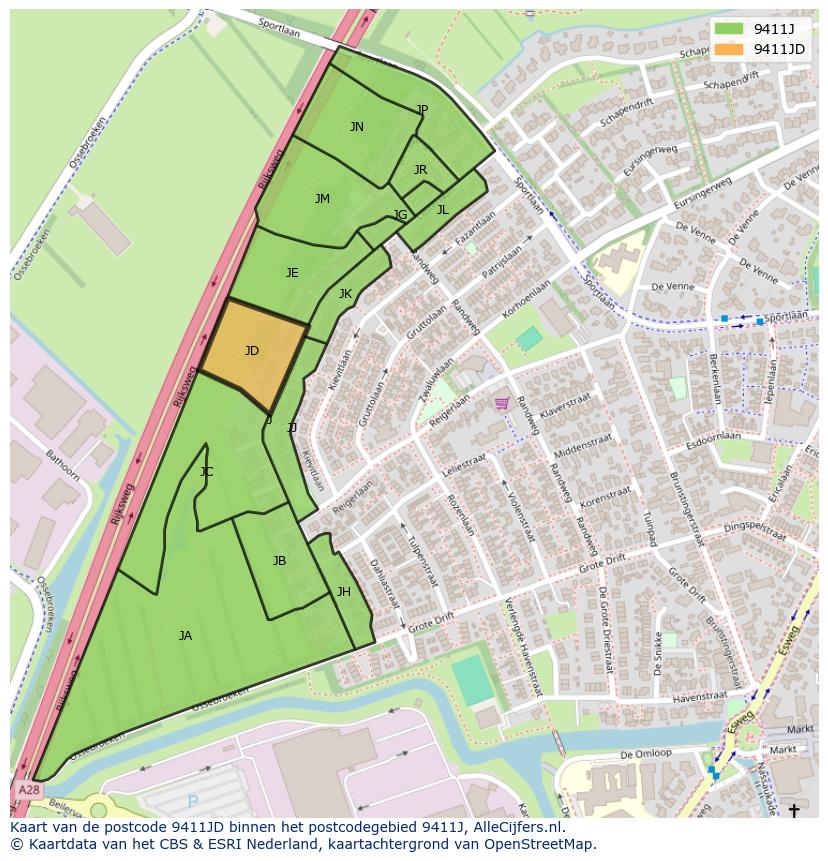 Afbeelding van het postcodegebied 9411 JD op de kaart.