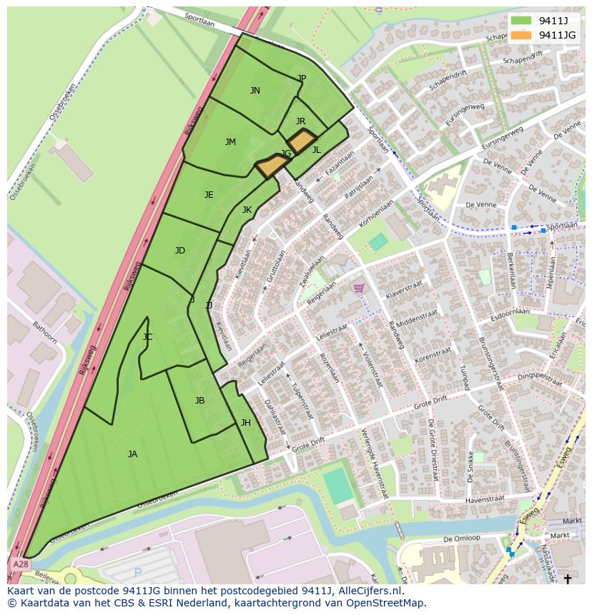 Afbeelding van het postcodegebied 9411 JG op de kaart.