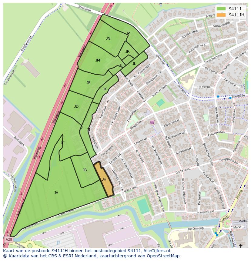 Afbeelding van het postcodegebied 9411 JH op de kaart.