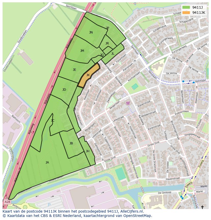 Afbeelding van het postcodegebied 9411 JK op de kaart.