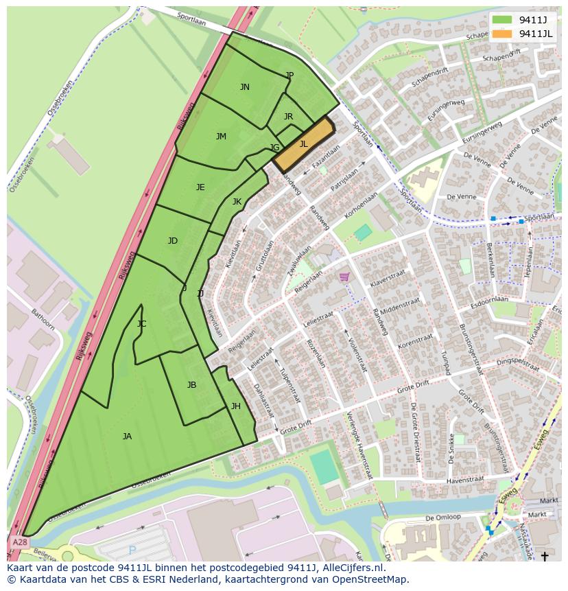 Afbeelding van het postcodegebied 9411 JL op de kaart.
