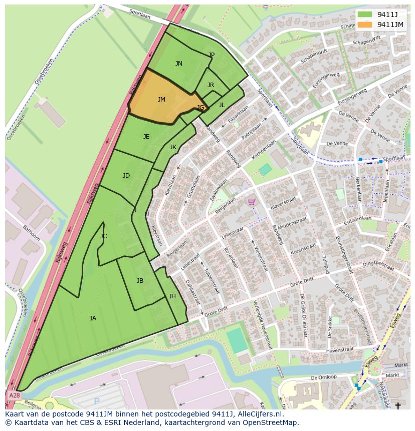 Afbeelding van het postcodegebied 9411 JM op de kaart.