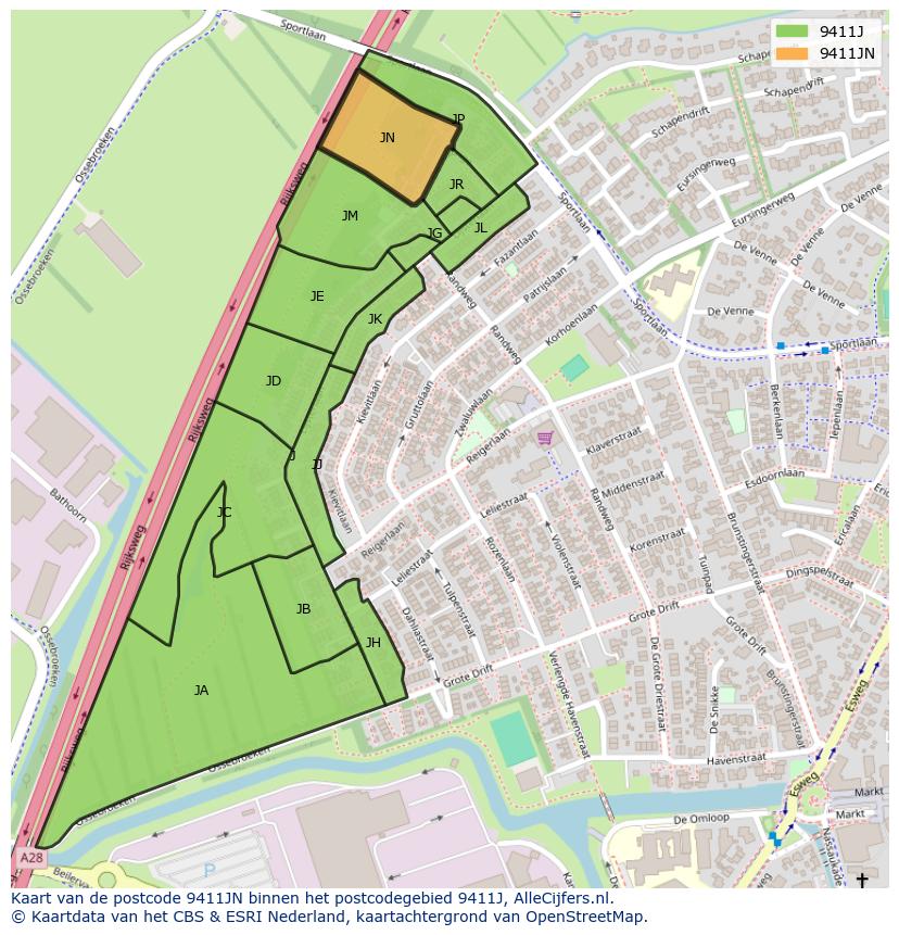 Afbeelding van het postcodegebied 9411 JN op de kaart.