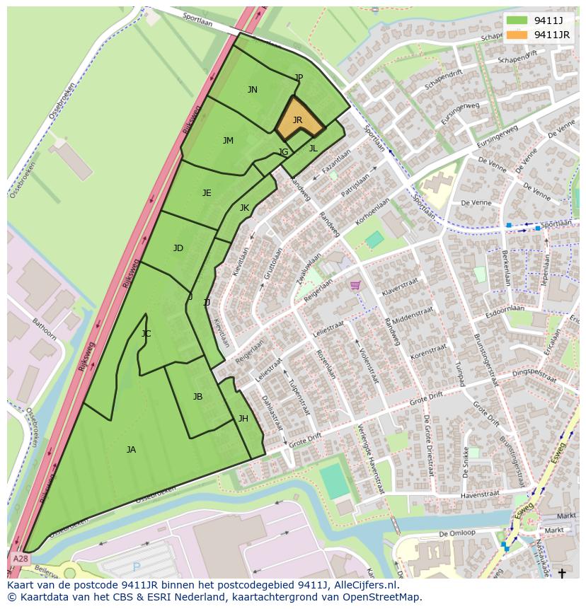 Afbeelding van het postcodegebied 9411 JR op de kaart.