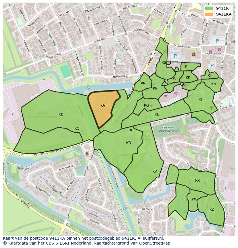 Afbeelding van het postcodegebied 9411 KA op de kaart.