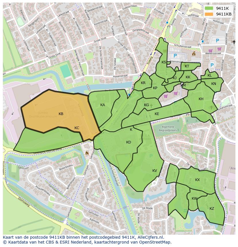 Afbeelding van het postcodegebied 9411 KB op de kaart.