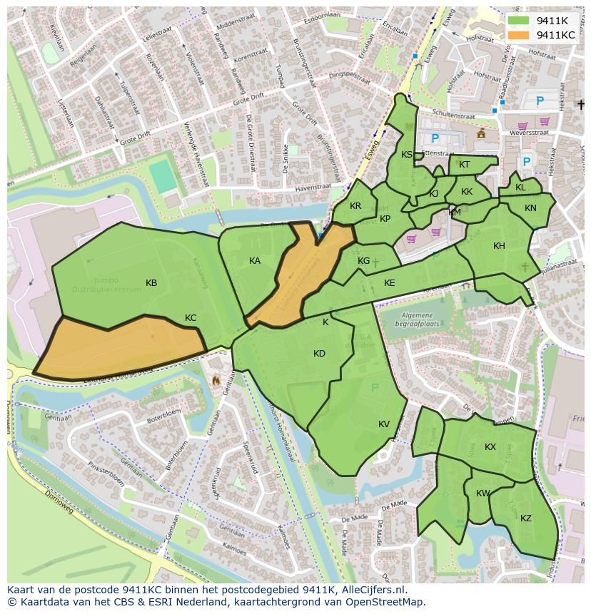 Afbeelding van het postcodegebied 9411 KC op de kaart.
