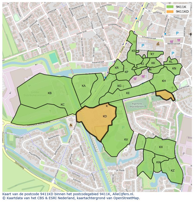 Afbeelding van het postcodegebied 9411 KD op de kaart.