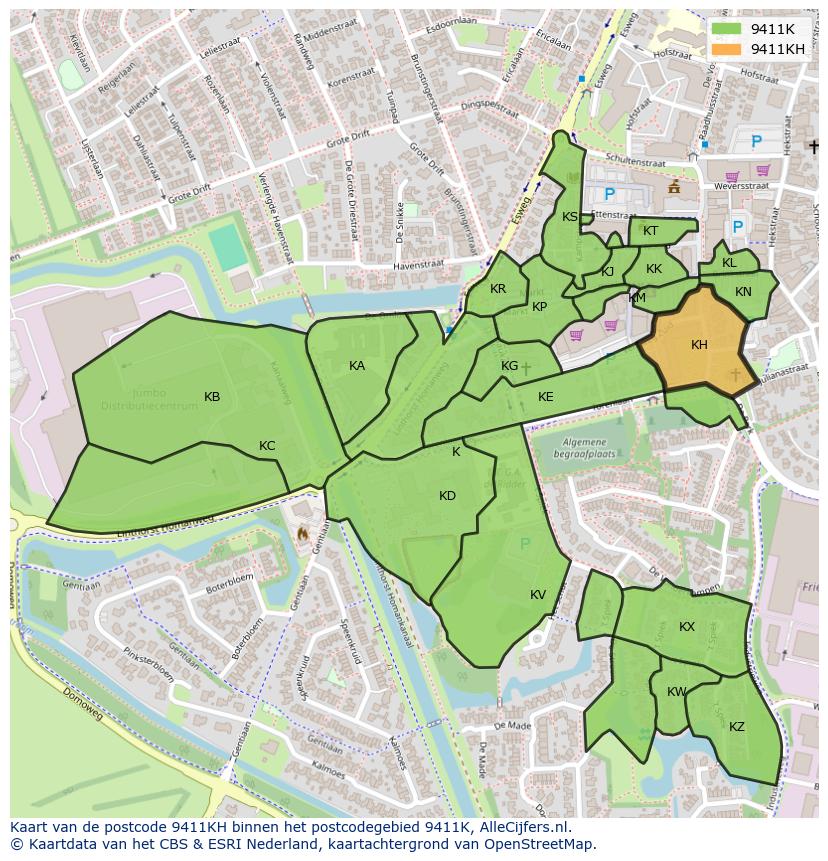 Afbeelding van het postcodegebied 9411 KH op de kaart.