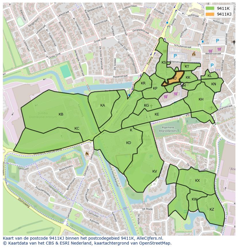 Afbeelding van het postcodegebied 9411 KJ op de kaart.