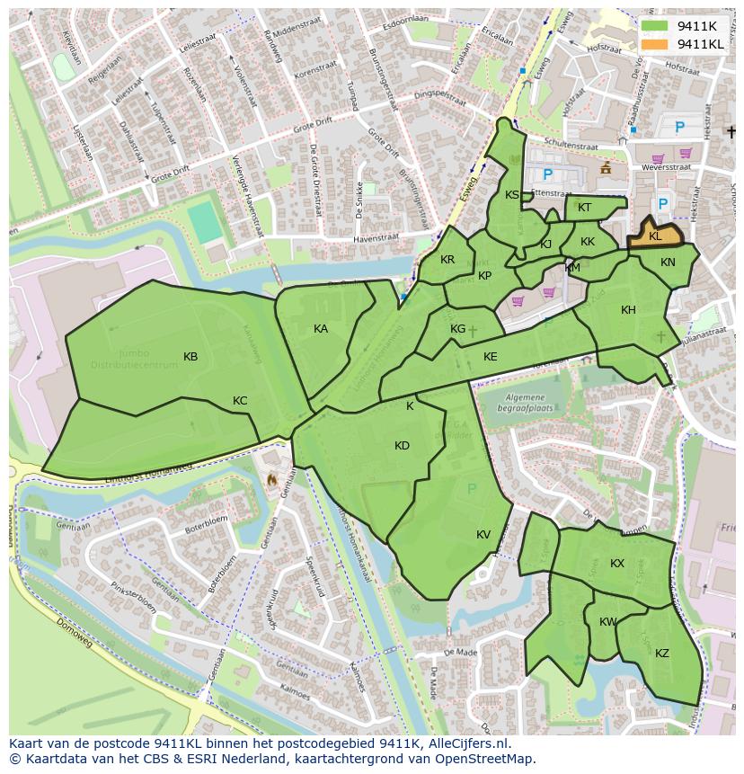 Afbeelding van het postcodegebied 9411 KL op de kaart.