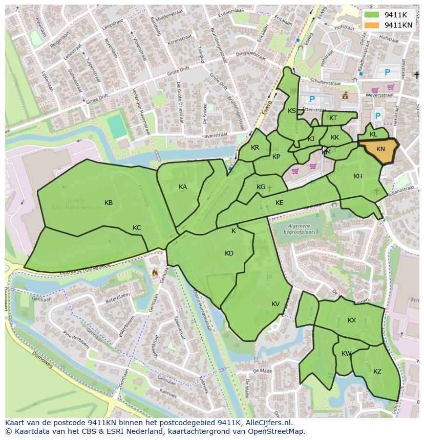 Afbeelding van het postcodegebied 9411 KN op de kaart.