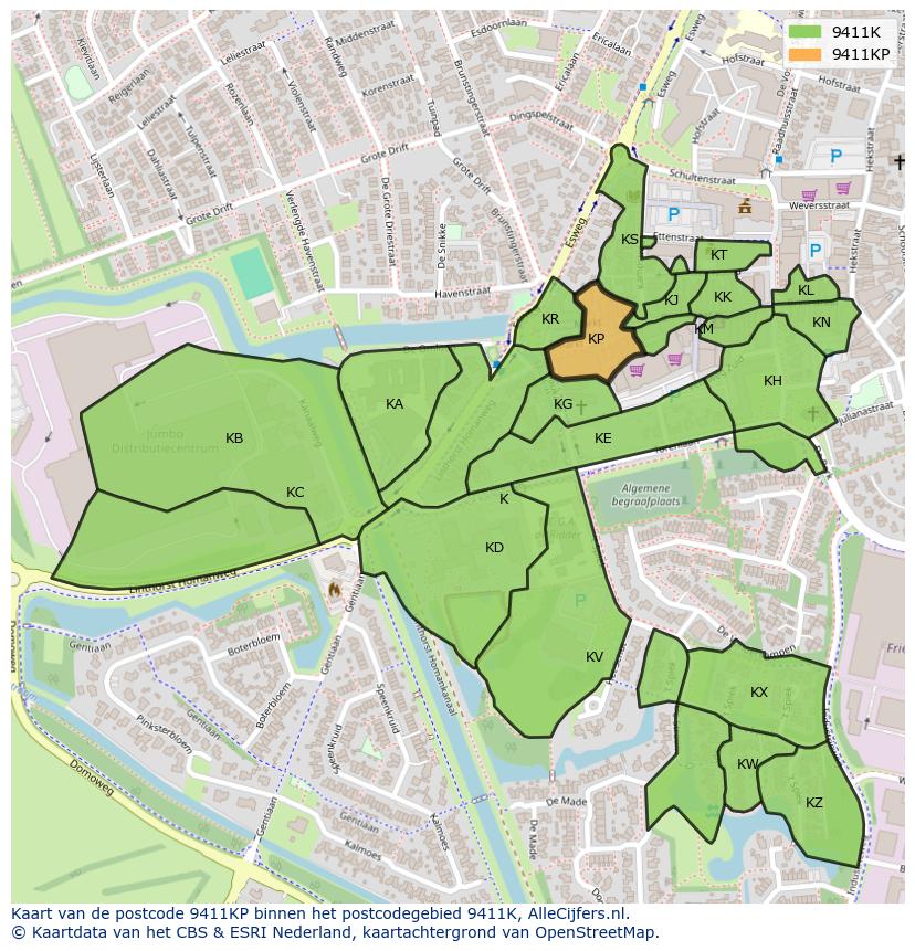 Afbeelding van het postcodegebied 9411 KP op de kaart.