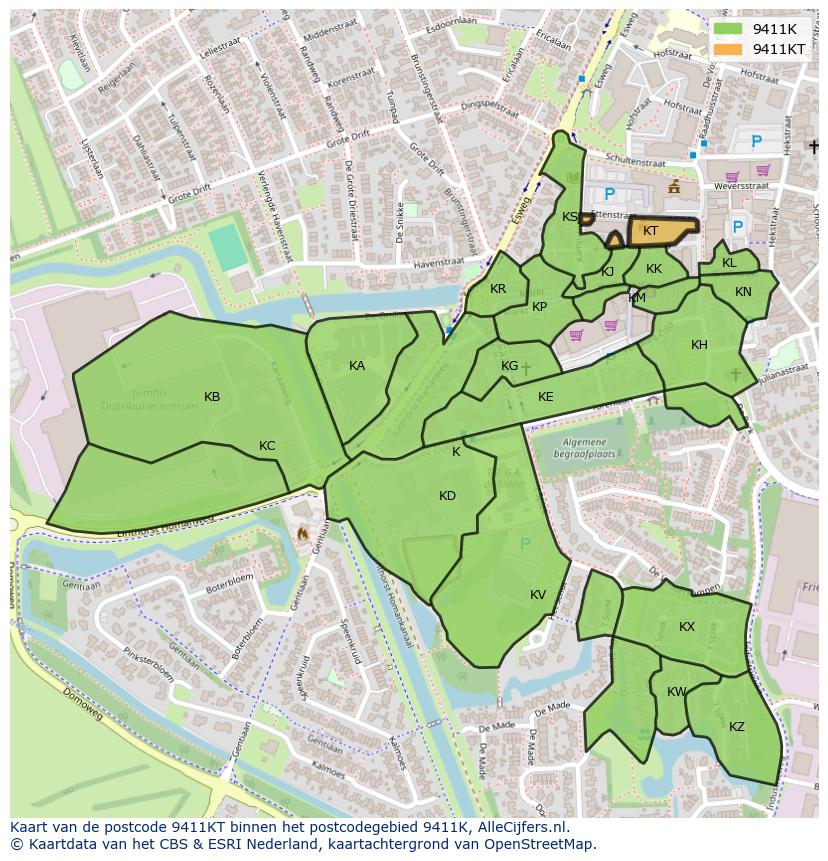Afbeelding van het postcodegebied 9411 KT op de kaart.