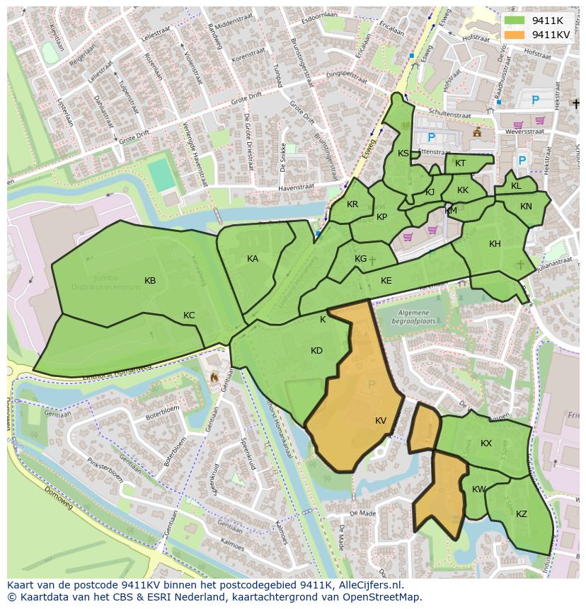 Afbeelding van het postcodegebied 9411 KV op de kaart.