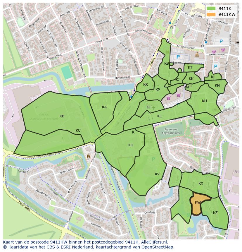 Afbeelding van het postcodegebied 9411 KW op de kaart.