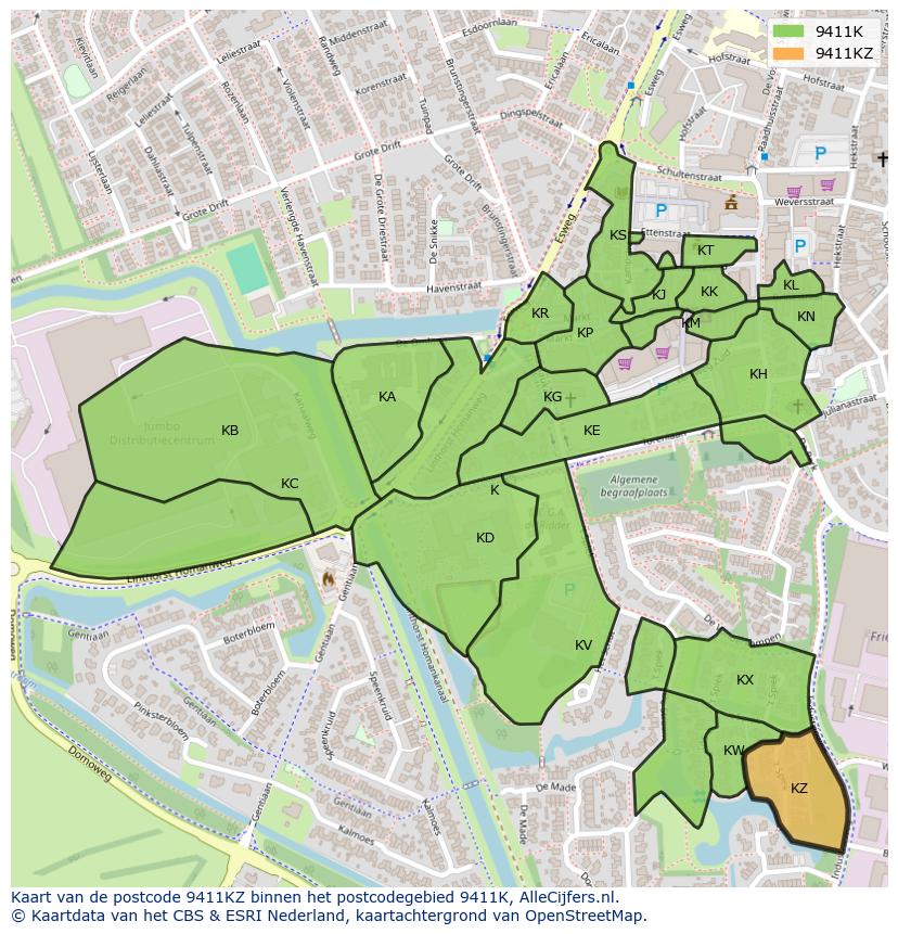 Afbeelding van het postcodegebied 9411 KZ op de kaart.
