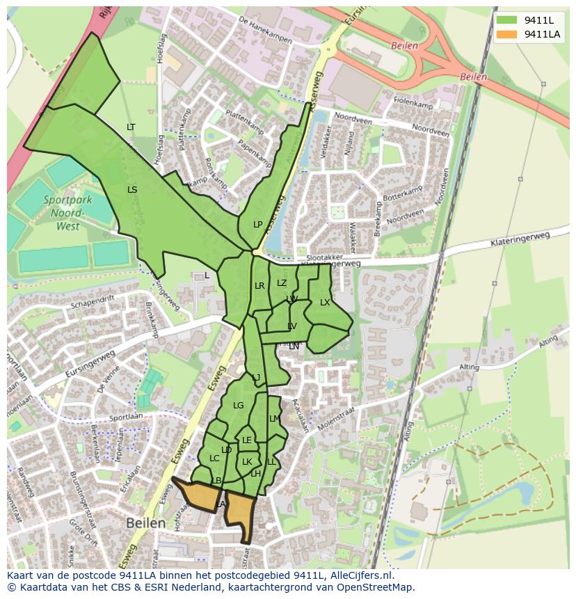 Afbeelding van het postcodegebied 9411 LA op de kaart.