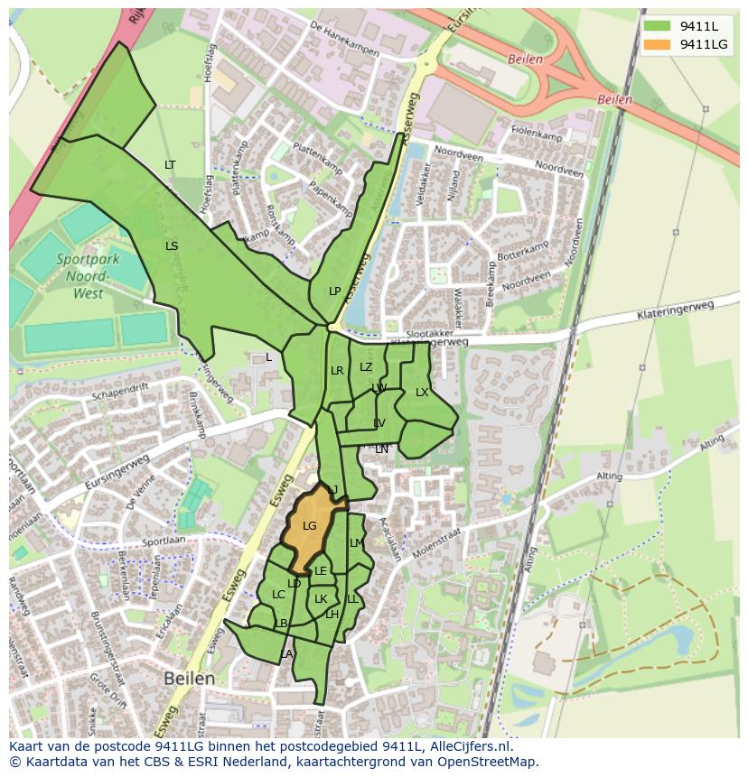 Afbeelding van het postcodegebied 9411 LG op de kaart.