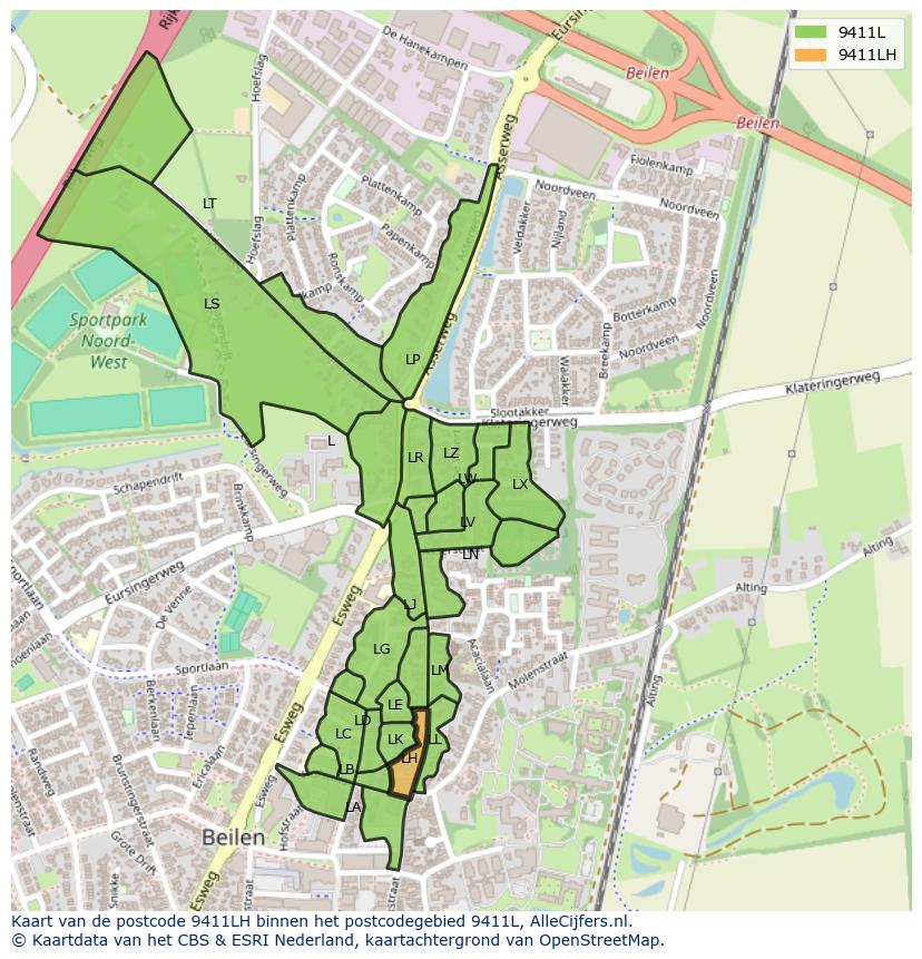 Afbeelding van het postcodegebied 9411 LH op de kaart.