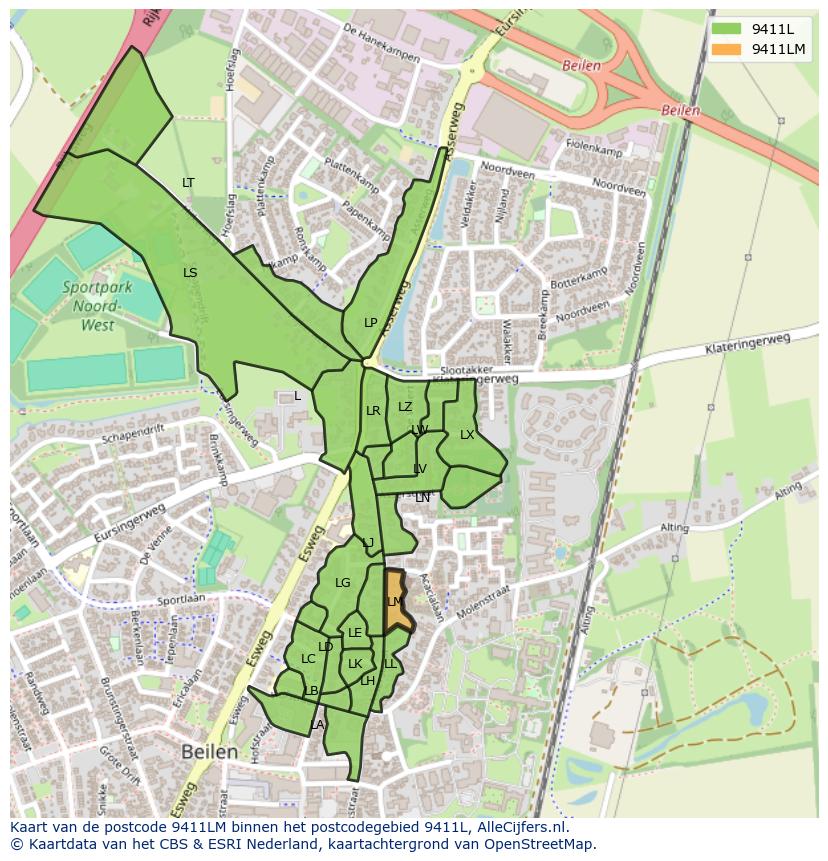 Afbeelding van het postcodegebied 9411 LM op de kaart.
