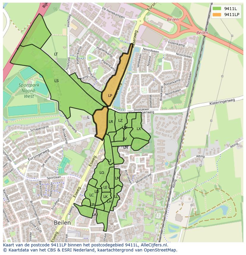 Afbeelding van het postcodegebied 9411 LP op de kaart.