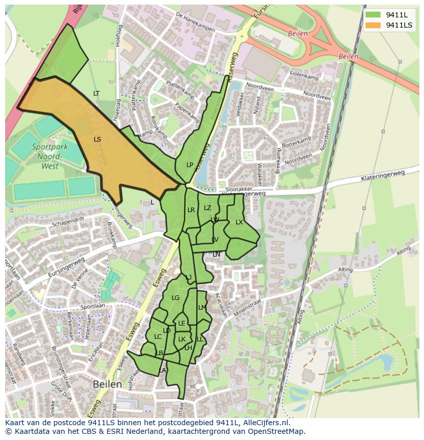 Afbeelding van het postcodegebied 9411 LS op de kaart.