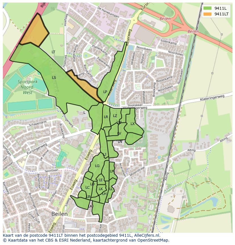 Afbeelding van het postcodegebied 9411 LT op de kaart.
