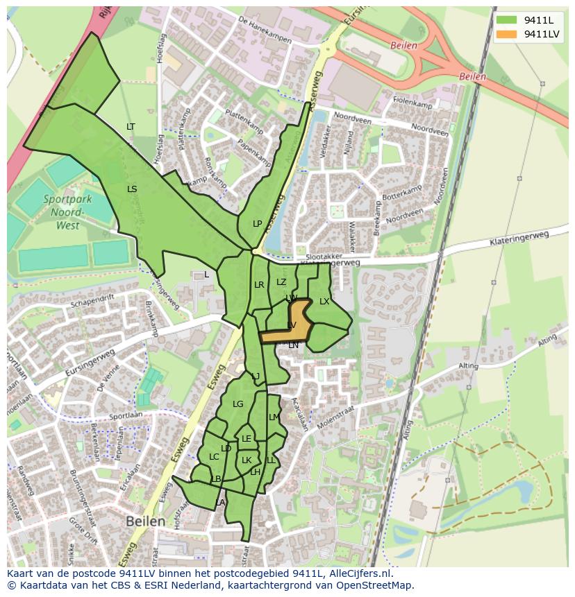 Afbeelding van het postcodegebied 9411 LV op de kaart.